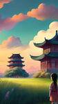 草地 女孩 小熊 七彩云 黄昏 古代建筑