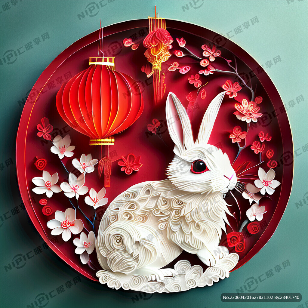 衍纸艺术 春节 可爱兔子 红梅
