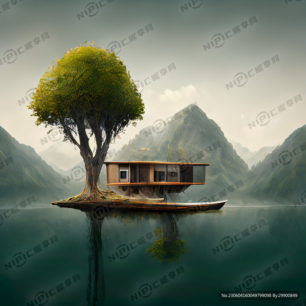 一个房子 山水树 一个船