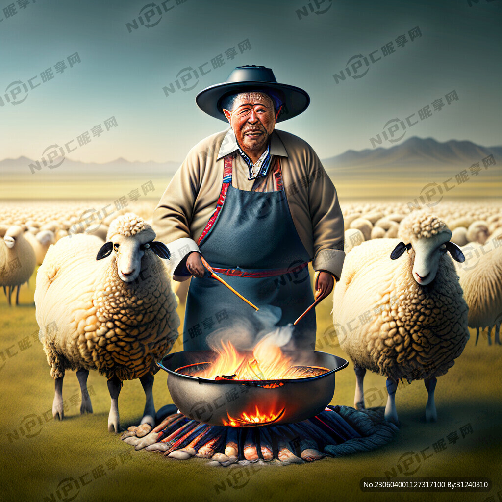 牧羊大叔在草原上烤全羊