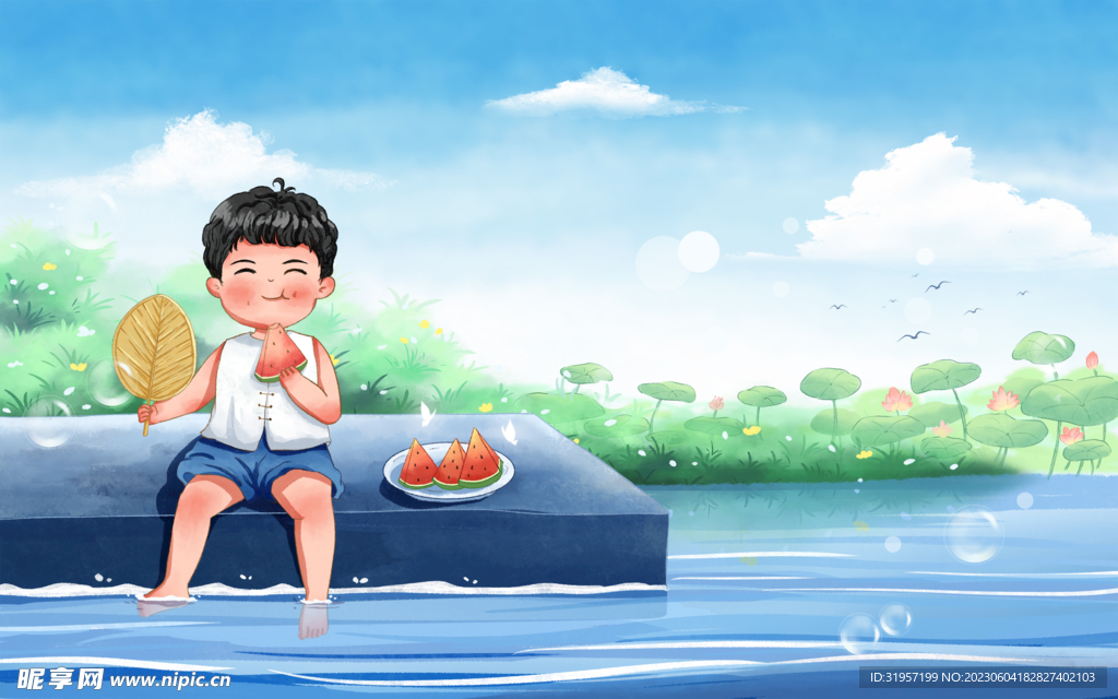 河边吃西瓜插画