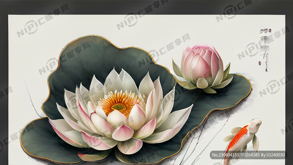 荷花 九鱼图 莲花白底