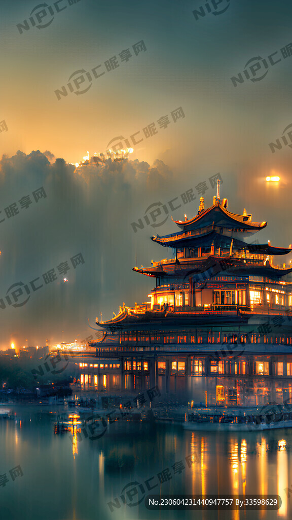 北京国贸夜景 水中倒影