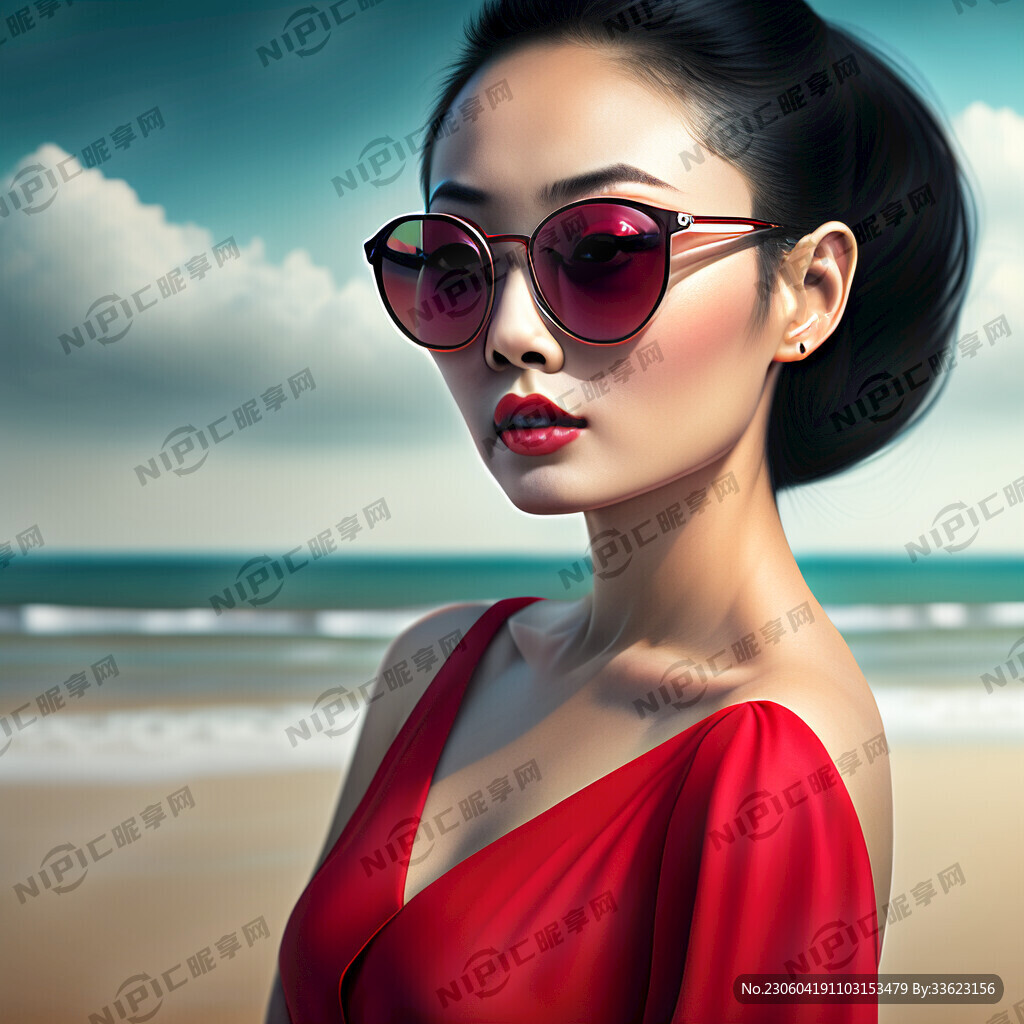 一个美女穿着红色裙子 带着墨镜