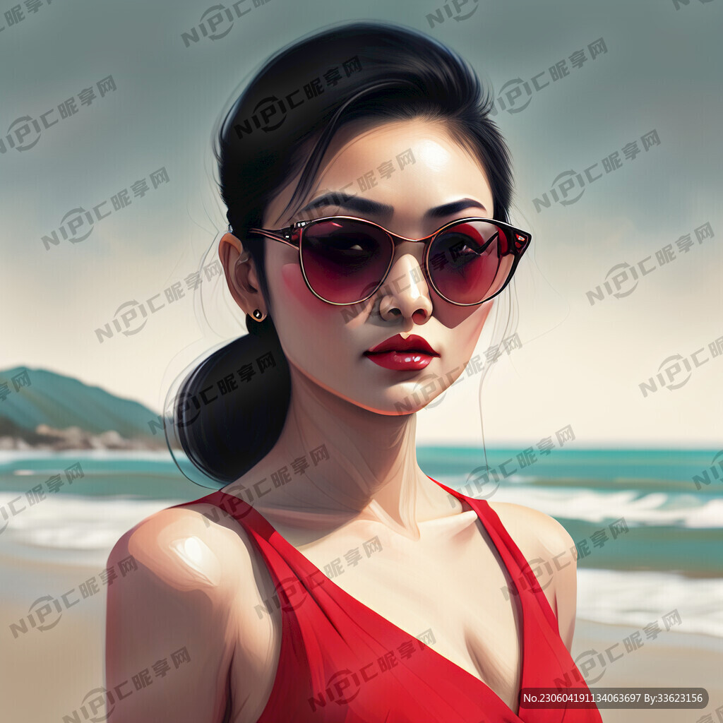 一个美女穿着红色裙子 带着墨镜