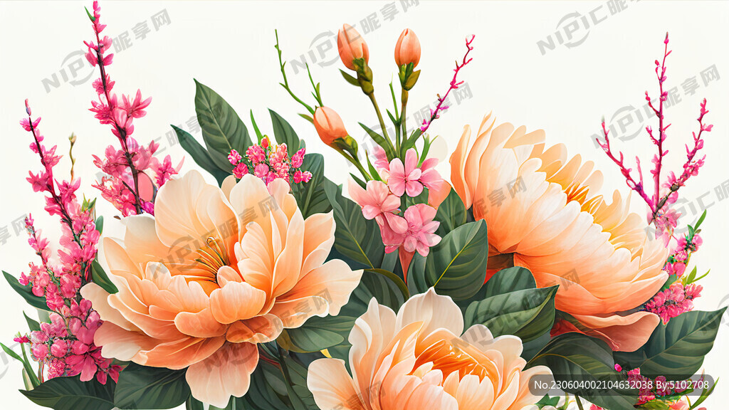 桃花 明亮 白色背景 一横排