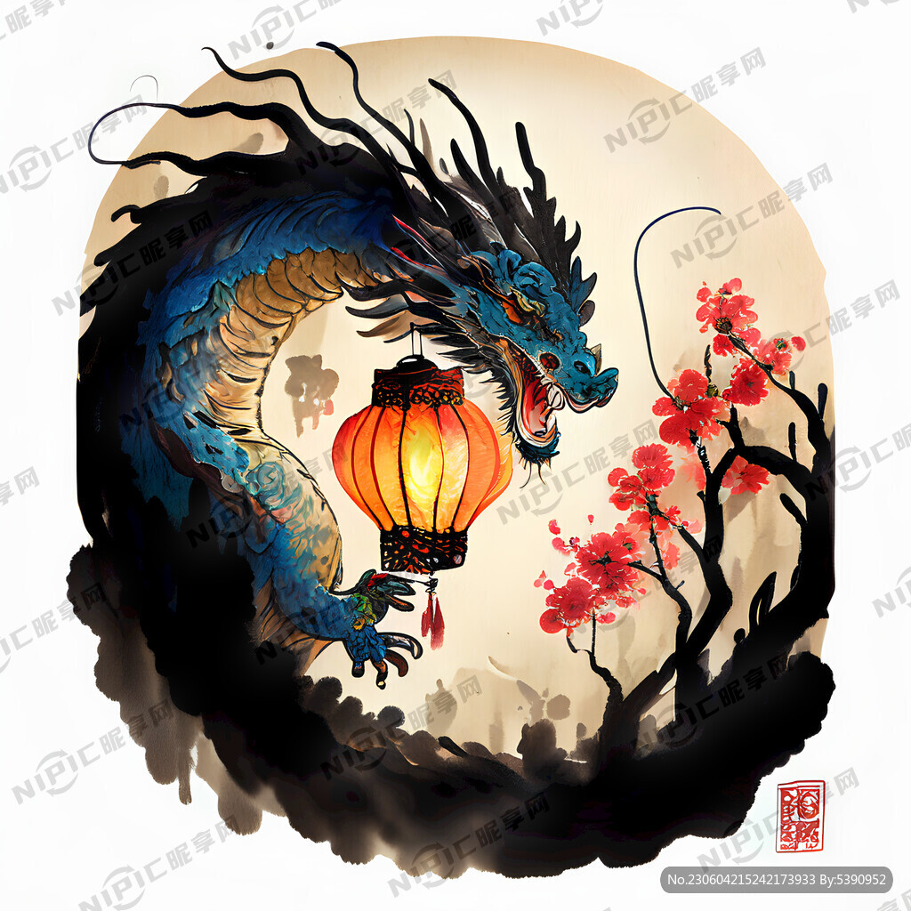 可爱喜庆的龙拿着灯笼过年