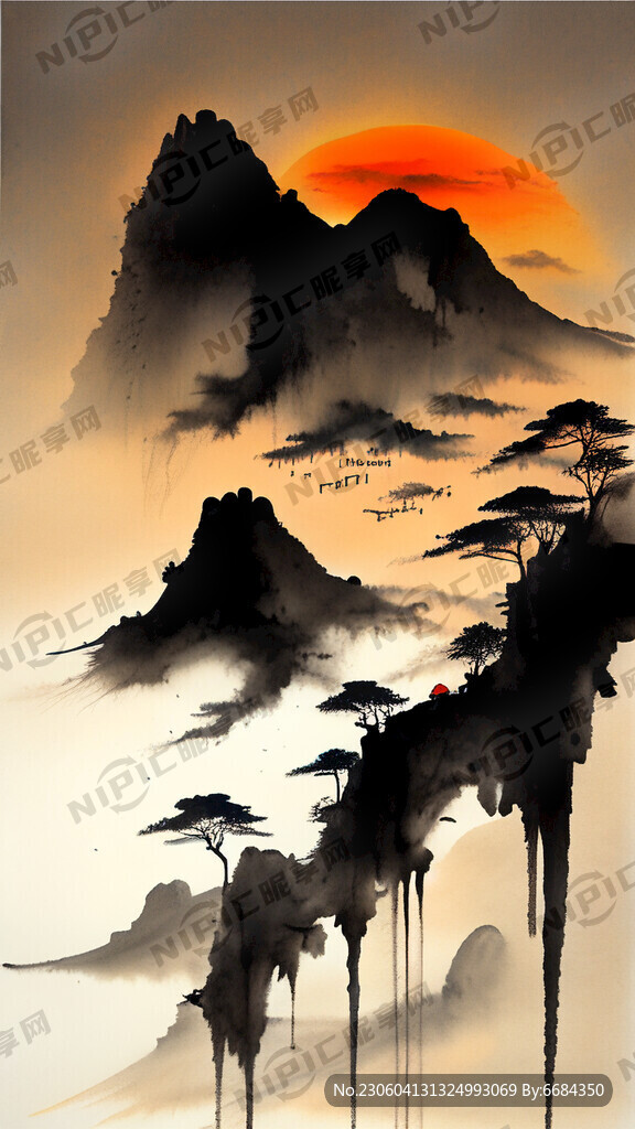 国潮太阳水墨