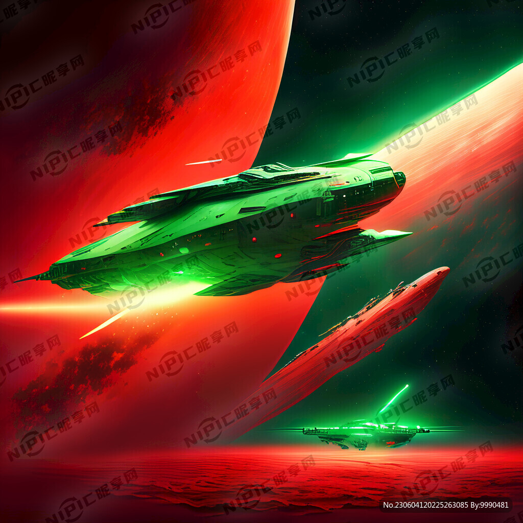 红色宇宙空间里面有绿色飞船