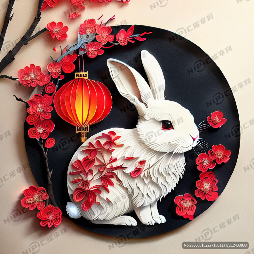 衍纸艺术 春节 可爱兔子 红梅