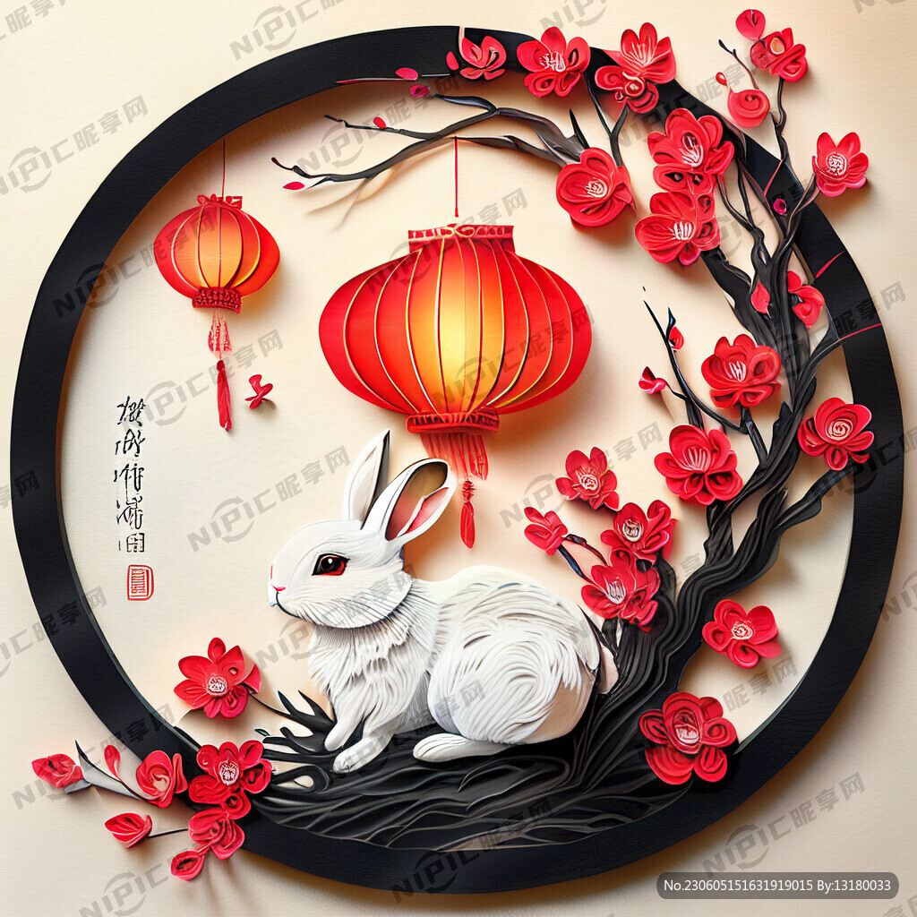 衍纸艺术 春节 可爱兔子 红梅