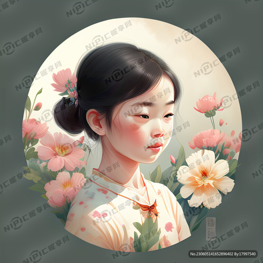 花朵夏日小女手绘插画