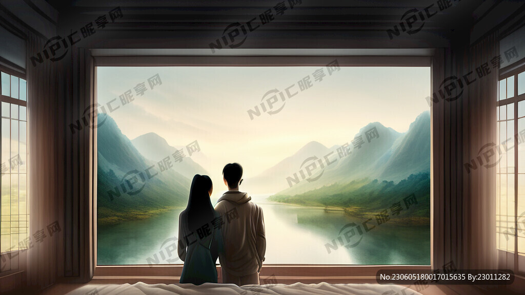 卧室窗户前看风景的情侣背影