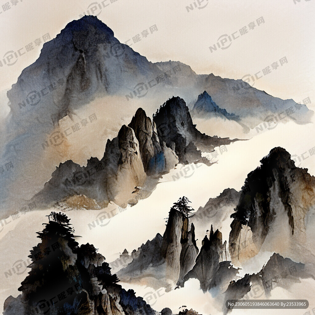 浅色国风山水画 要有云彩