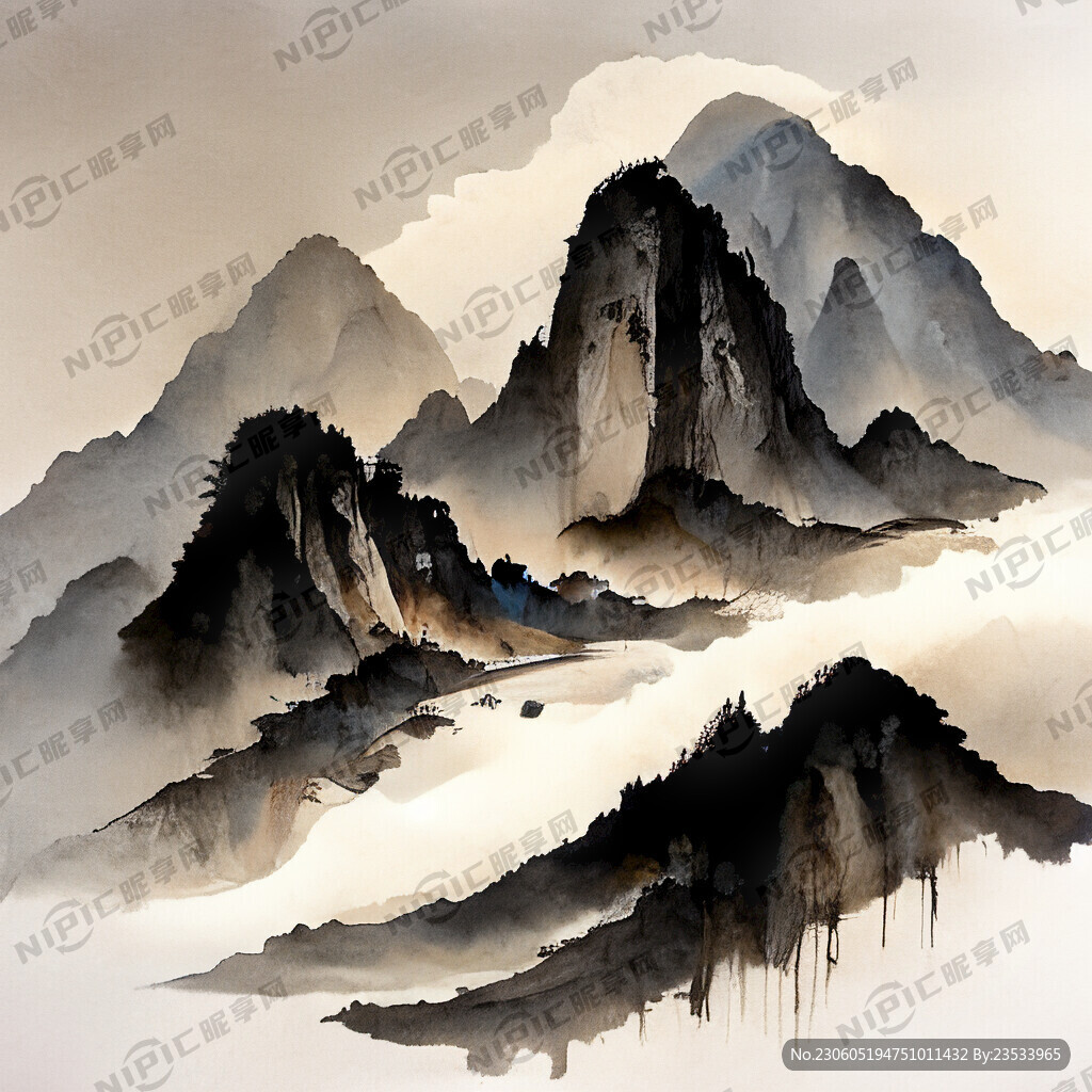 浅色国风山水画 要有天空云彩