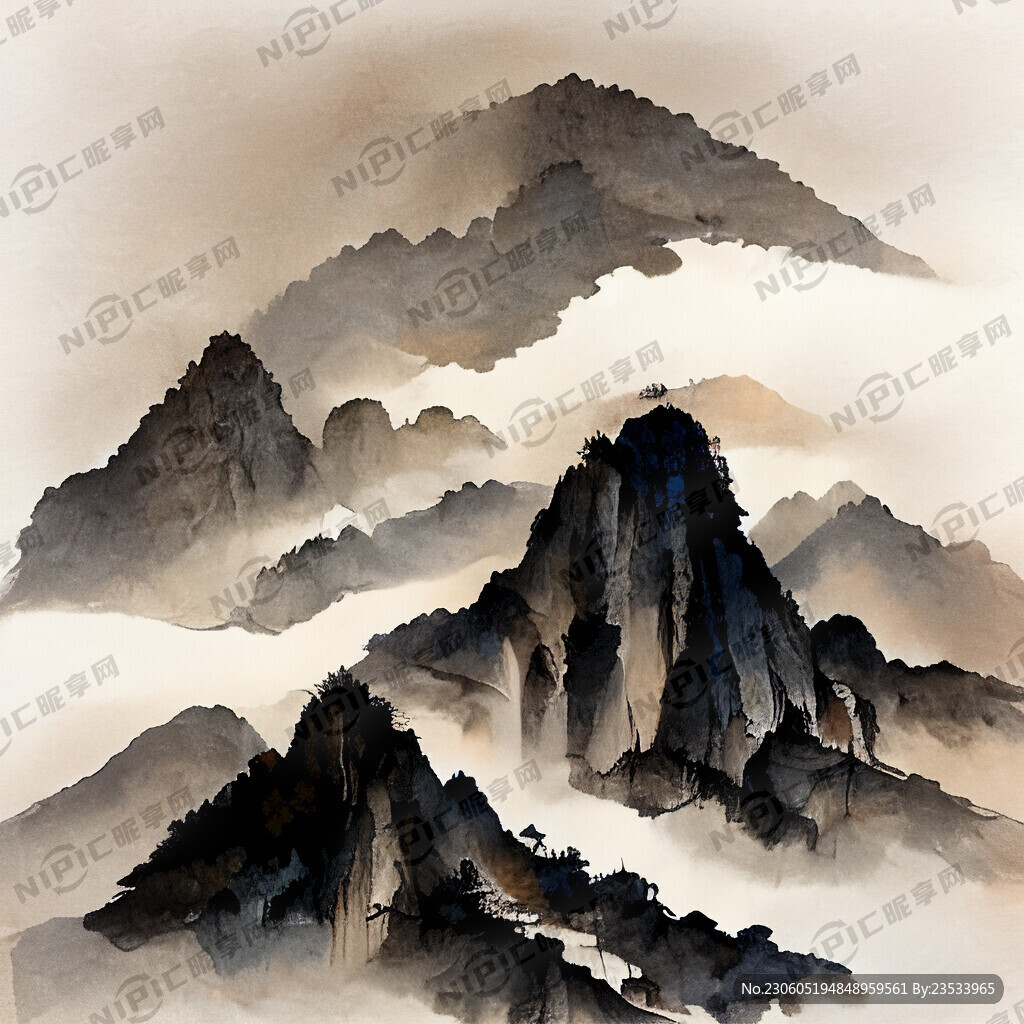 浅色国风山水画 要有天空云彩