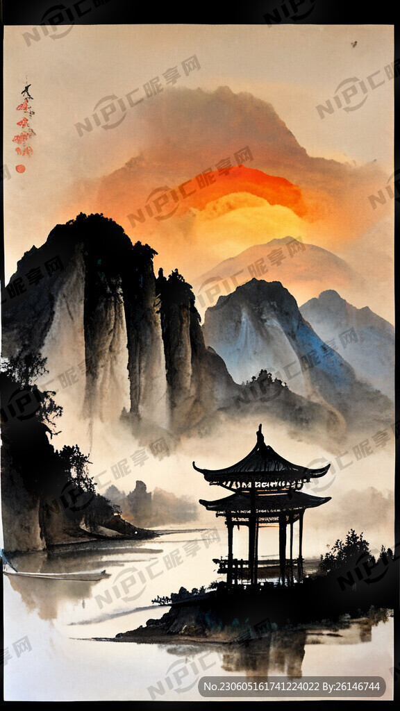 山水 河流 凉亭 两人 蓑笠翁