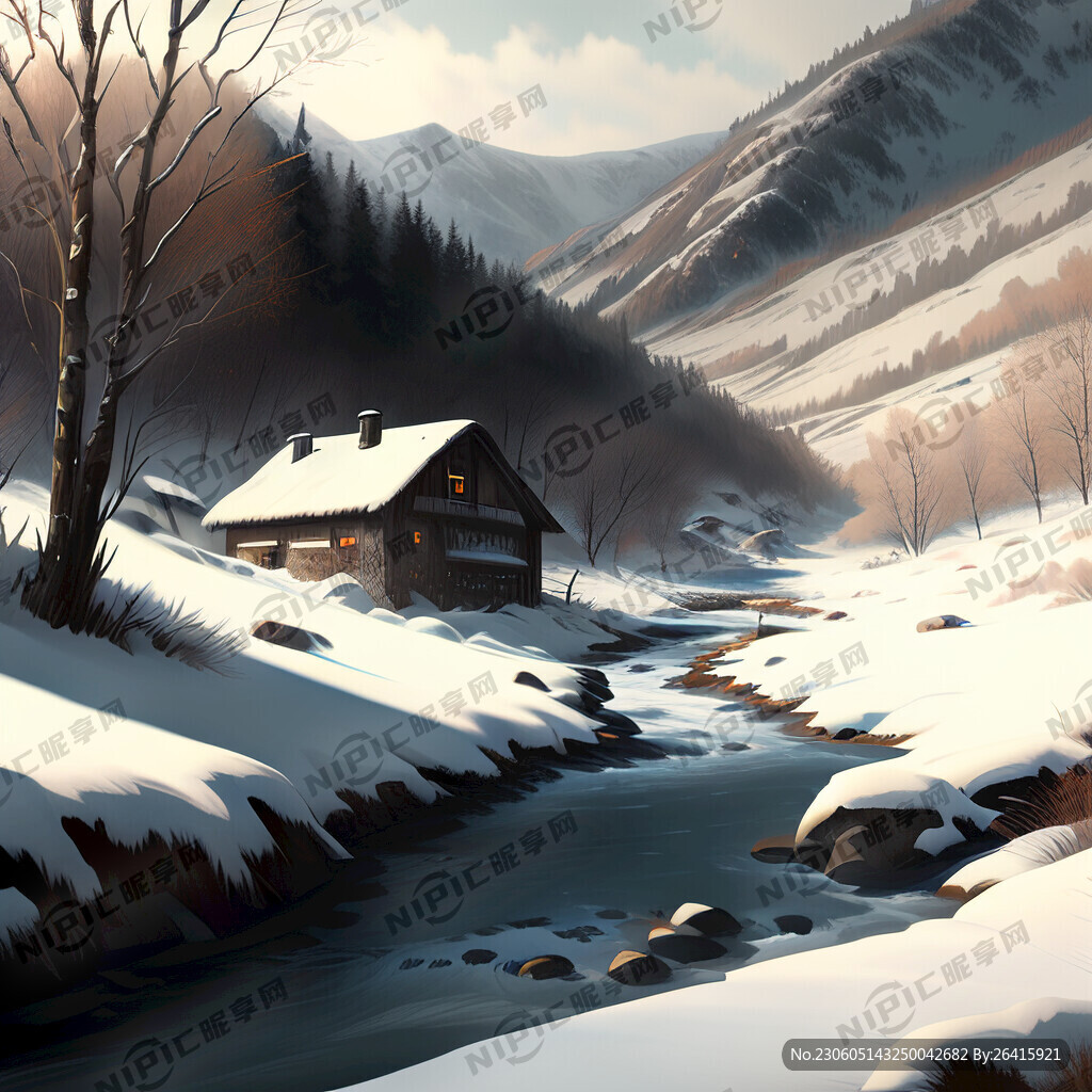 茅屋山谷溪流雪景