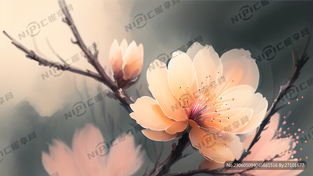 桃花 水墨 模糊