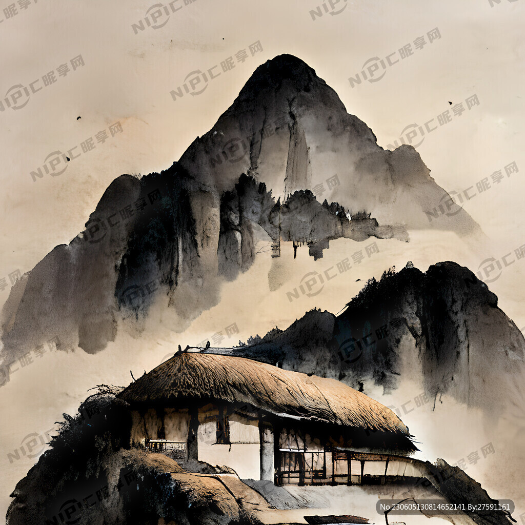 清朝水墨山水 很多山 水 树