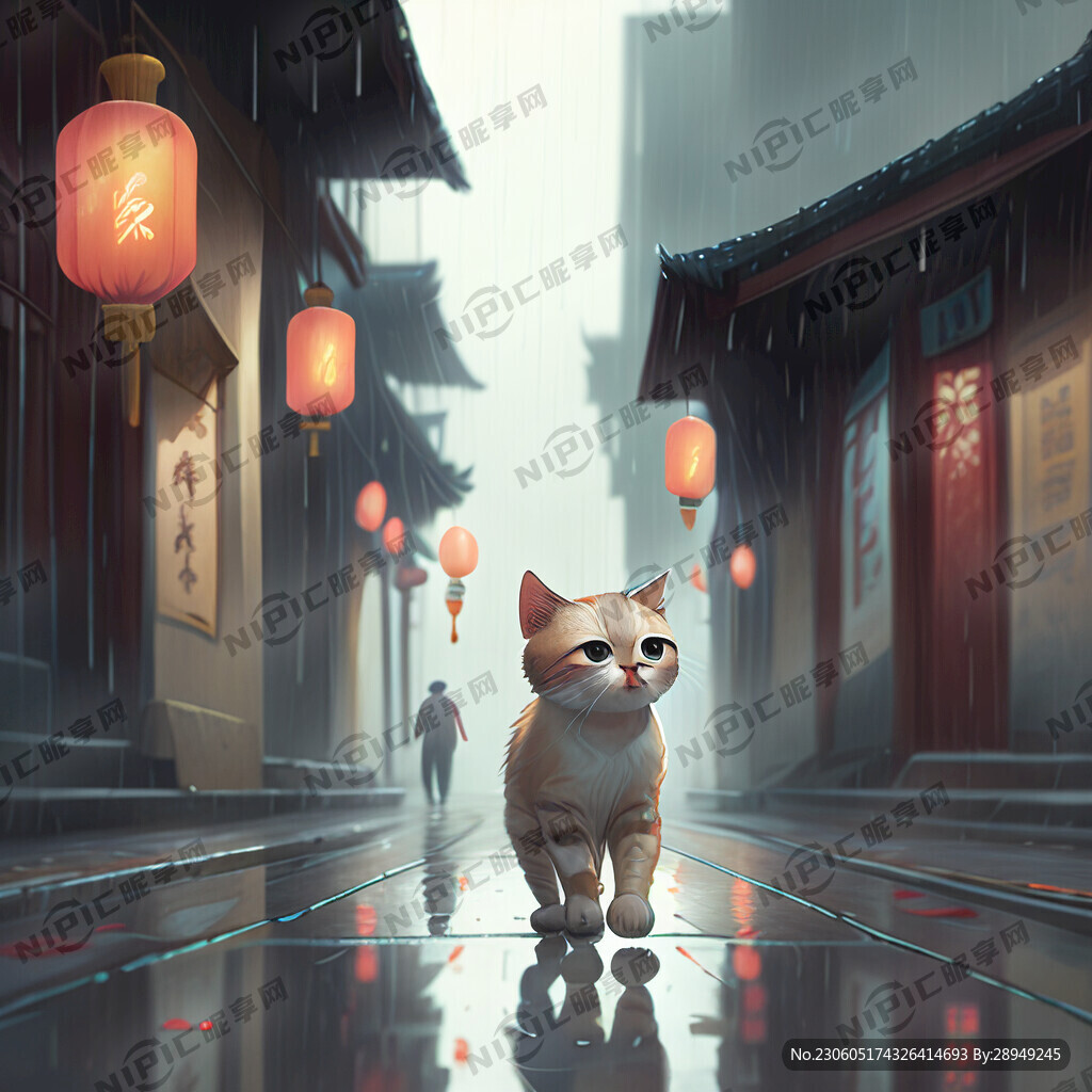 下雨天 小猫走在街道上