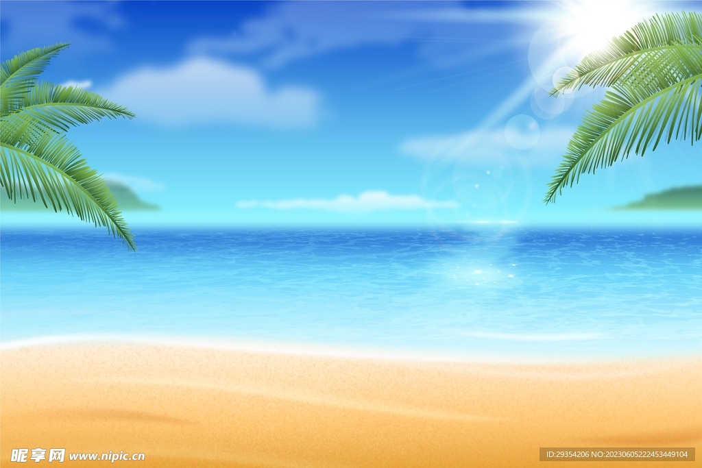 夏天蓝天白云沙滩植物图片