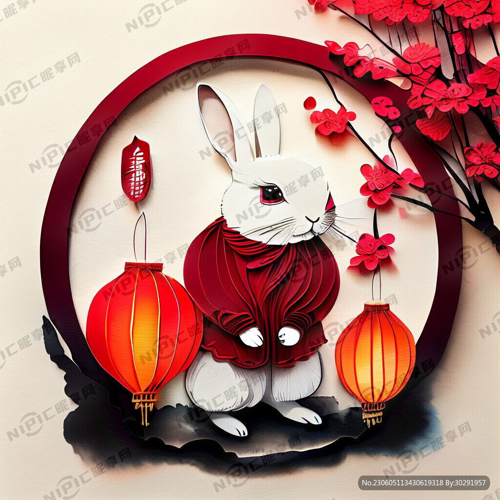 衍纸艺术 春节 可爱兔子 红梅