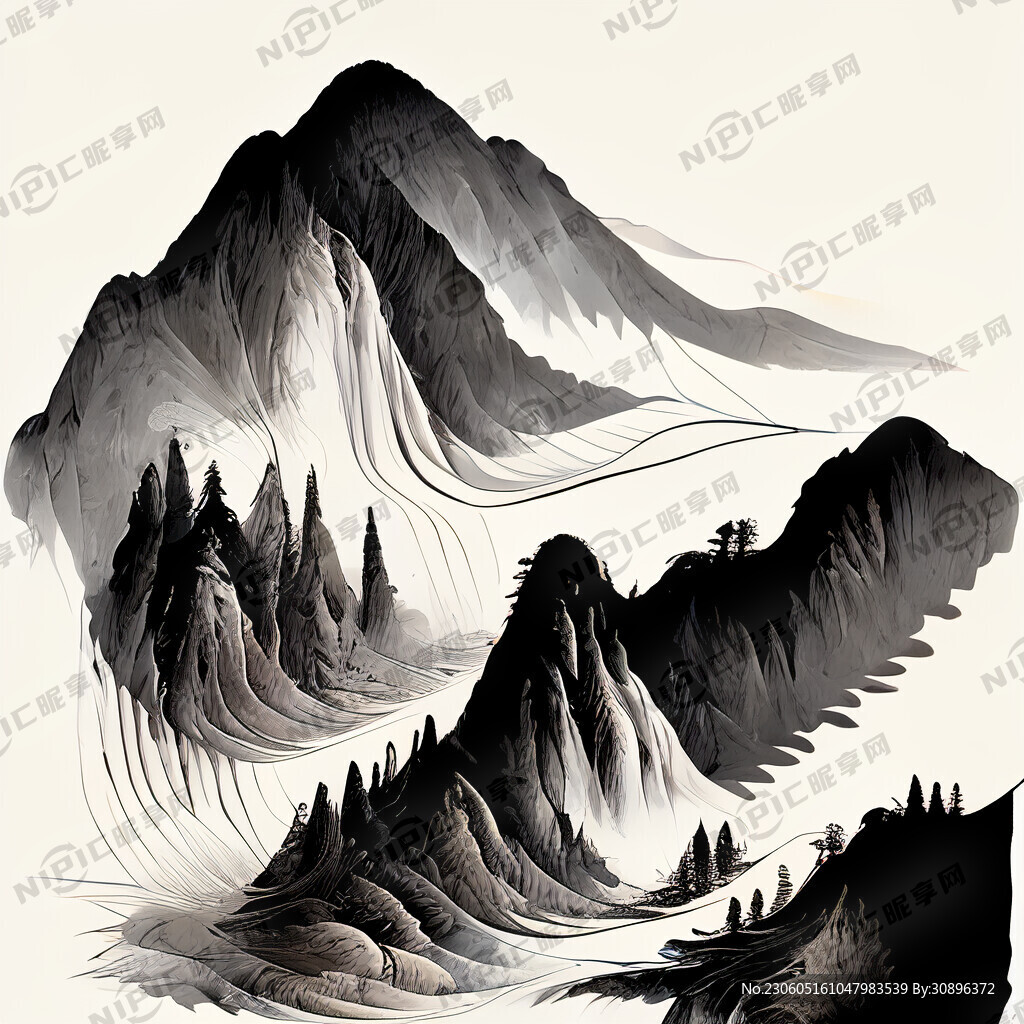 山水画 黑白 线条 矢量