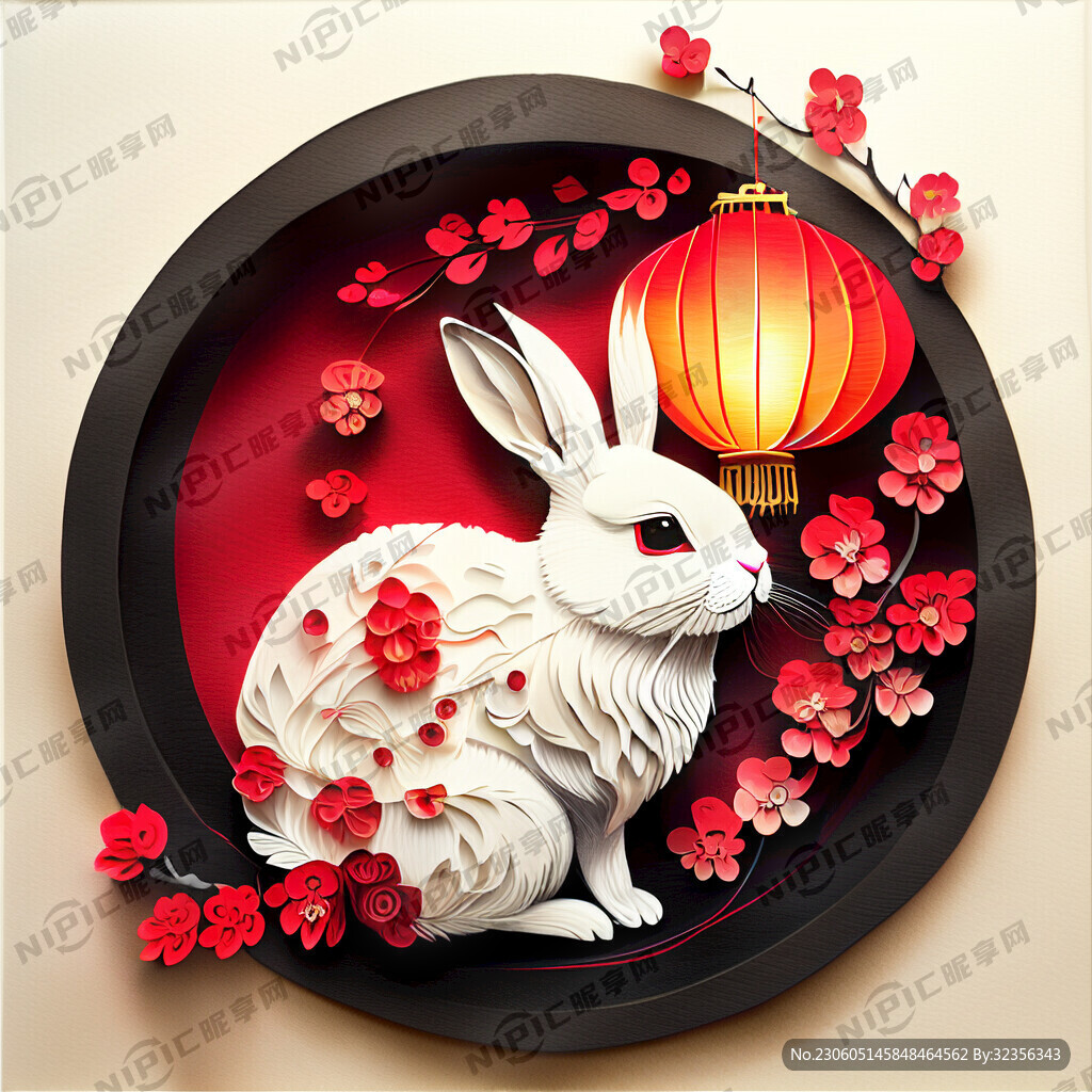 衍纸艺术 春节 可爱兔子 红梅