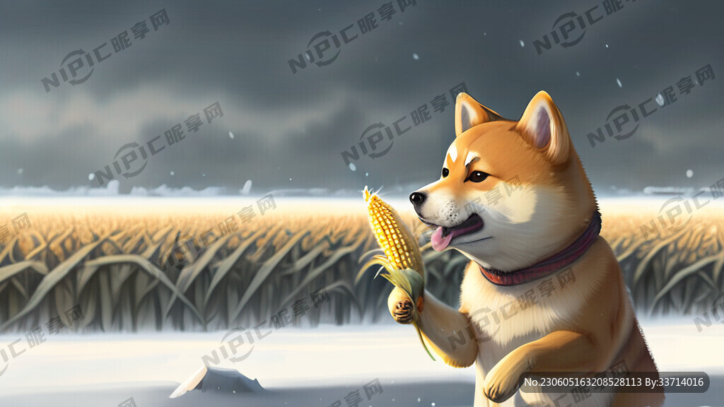 一只柴犬在雪地里啃玉米