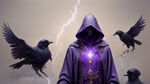 一位紫色长袍法师，身边围绕着乌鸦和雷电