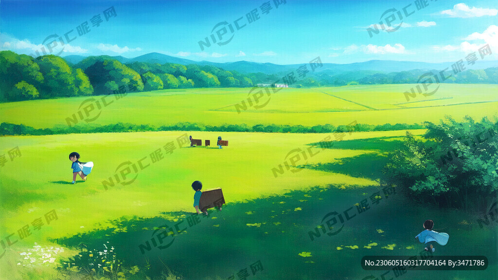草地 天空 一群小孩在奔跑