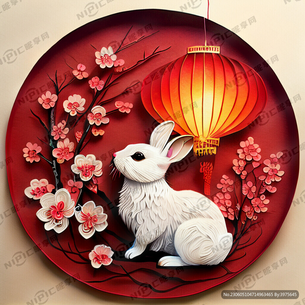 衍纸艺术 春节 可爱兔子 红梅