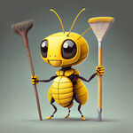 正方形脑袋的黄色蚂蚁动画卡通，手握扫把站立