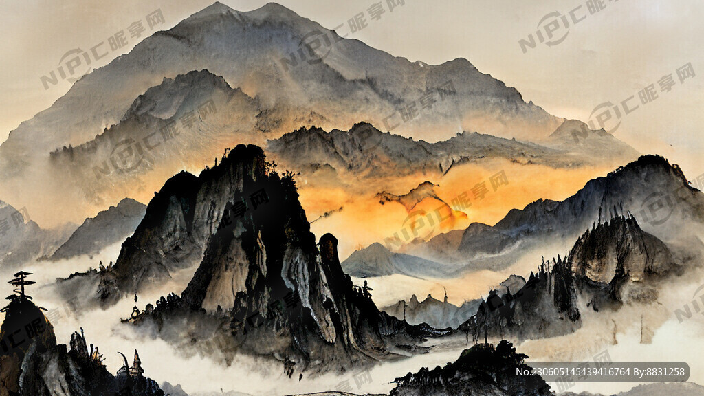 高山流水太阳初升山水画