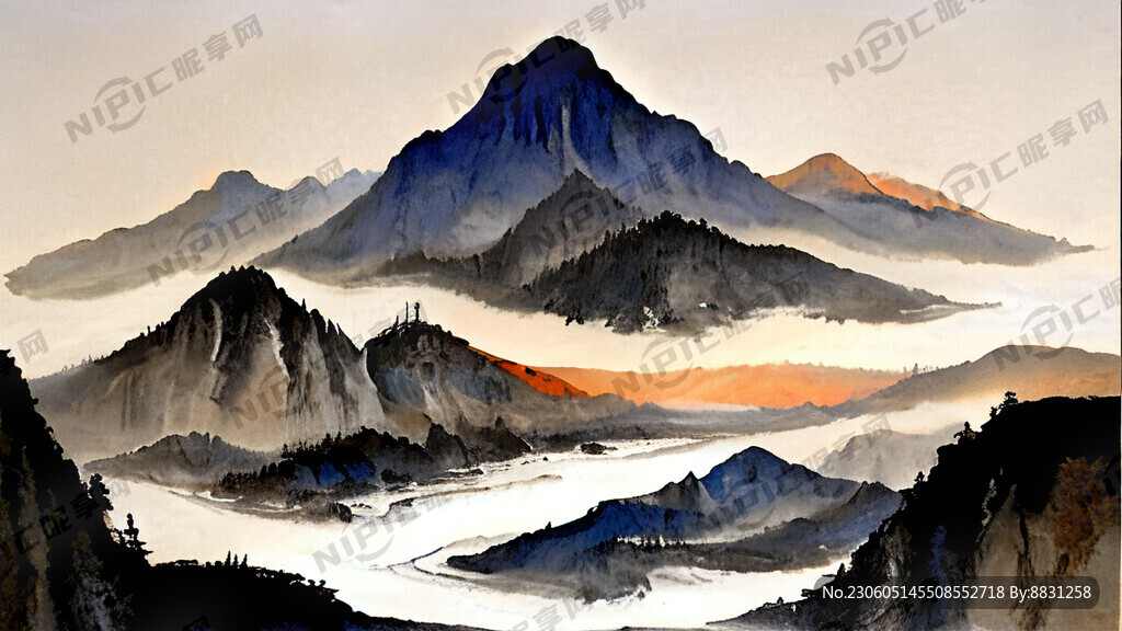 高山流水太阳初升山水画