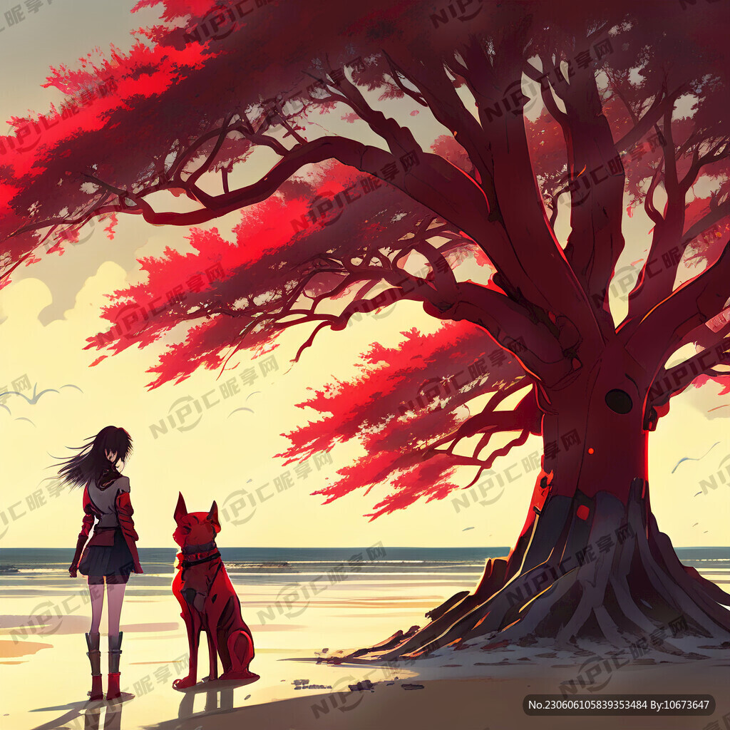 海滩 阳光 中国画 美少女 狗