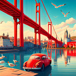 红色的拉索大桥，夏季，可爱海鸥，唯美红色，漂亮的河，美丽的城市，动车，可爱的小朋友