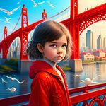 红色的拉索大桥，可爱的小女孩，可爱海鸥，唯美红色，漂亮的河，美丽的城市，火车