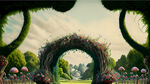 草坪婚礼，爱丽丝梦游仙境主题，大型藤蔓，奇花异草，扭曲的场景，细节刻画，梦幻场景，超现实风格，神秘，童话感，森系，自然光