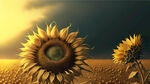 远望稻子金黄，近看向日葵一朵朵。摄影素材。