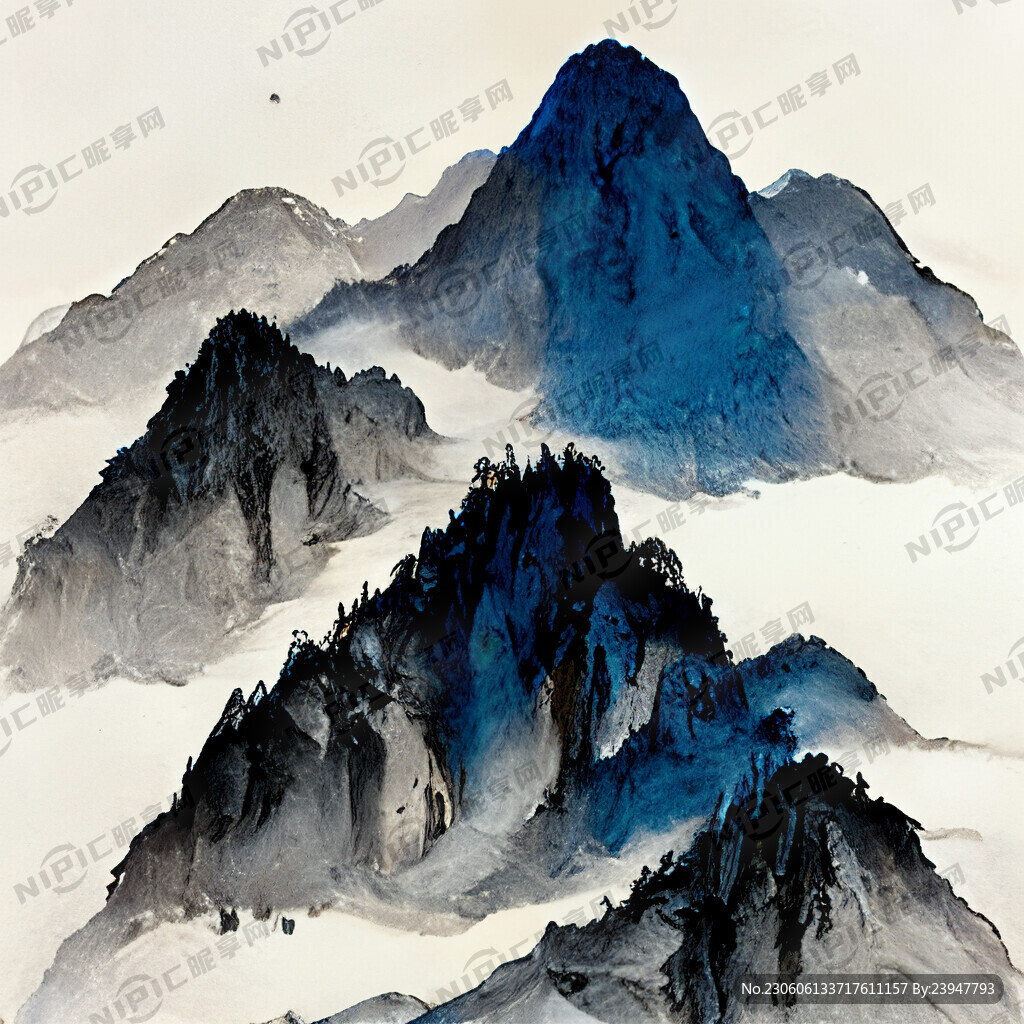雪山 蓝色 山水 水墨风格