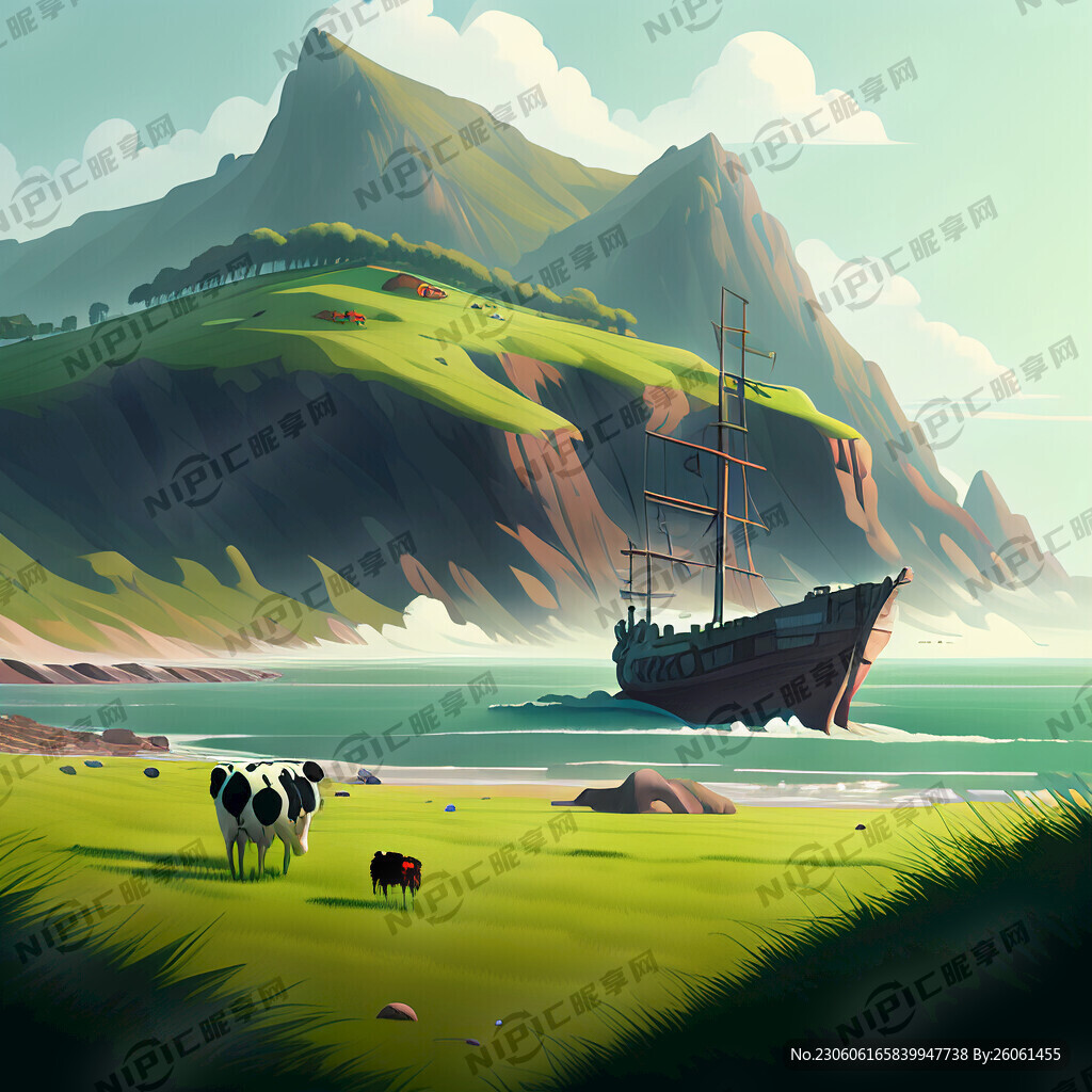 大海落山船舶草绿地牛