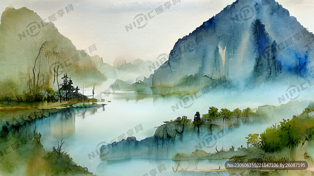 大门 中国风 中国画 湖  。