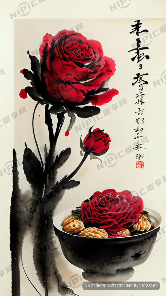 玫红色水墨背景美食元素