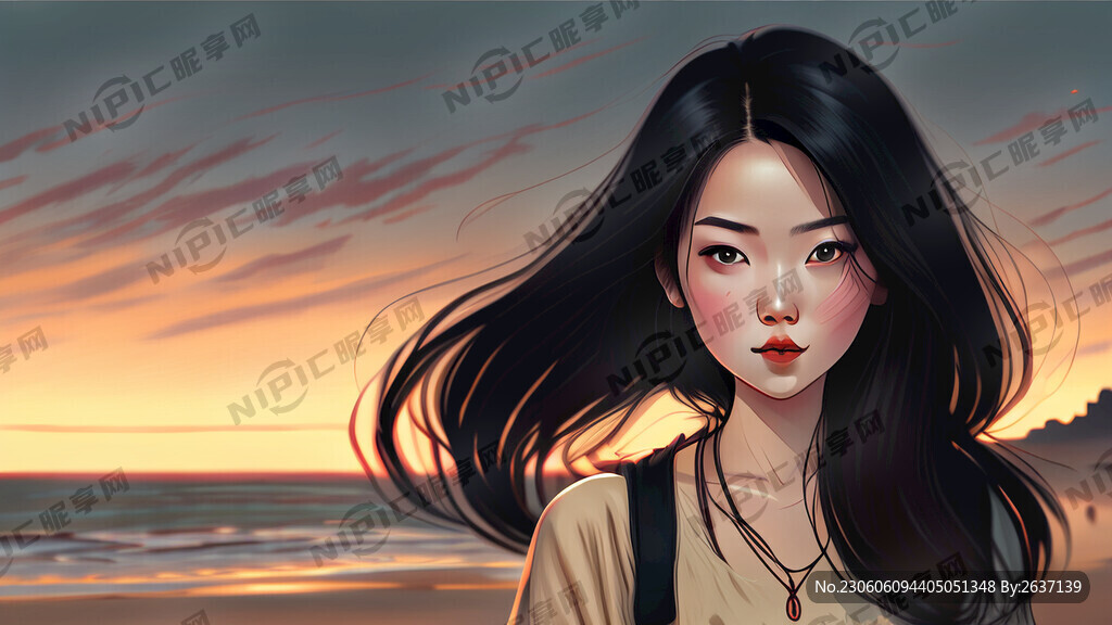 黄昏美少女海边散步披发正面瓜子