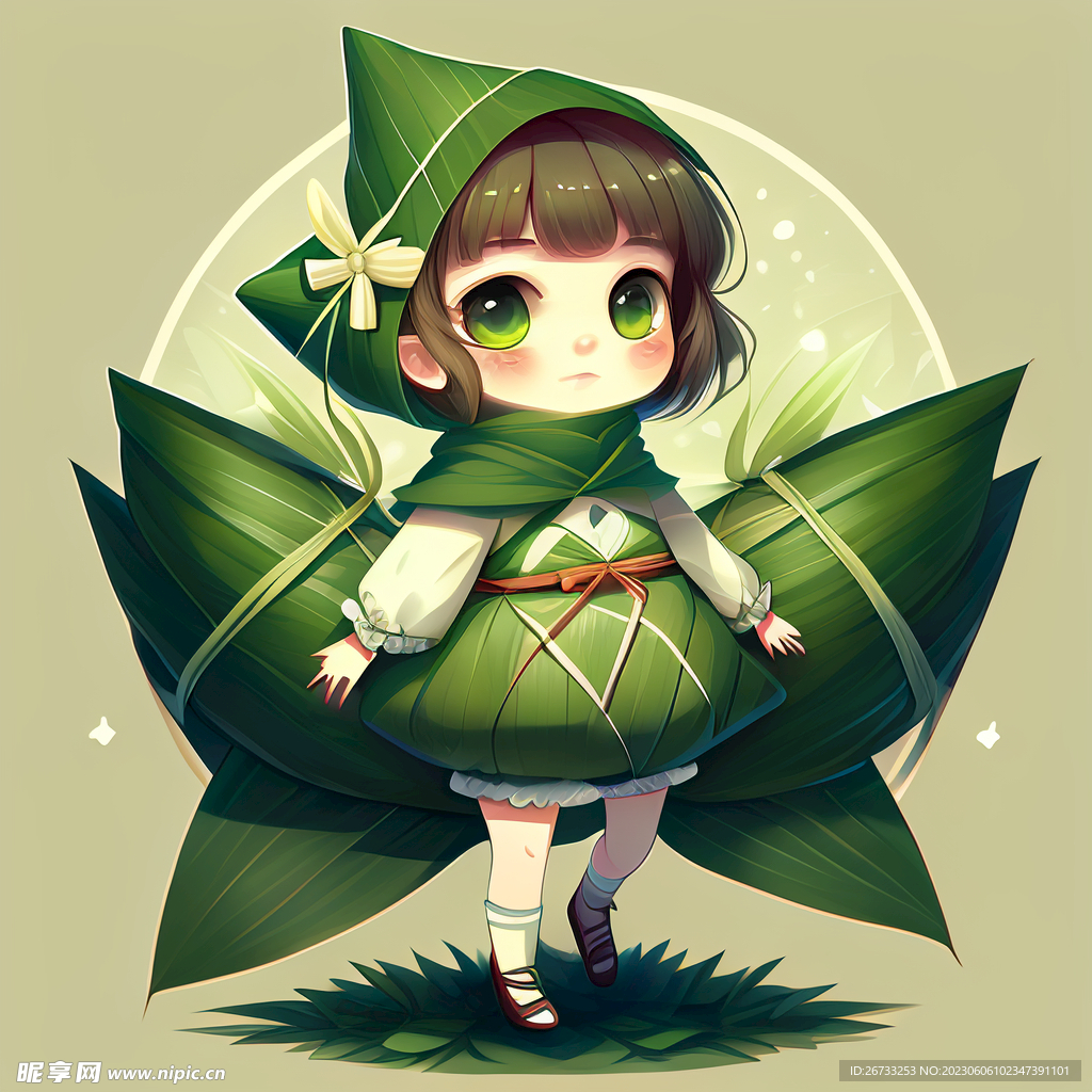 可爱绿色粽子粽叶少女拟人卡通