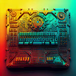 机械键盘有红绿蓝黄色灯光渐变底色金属质感
