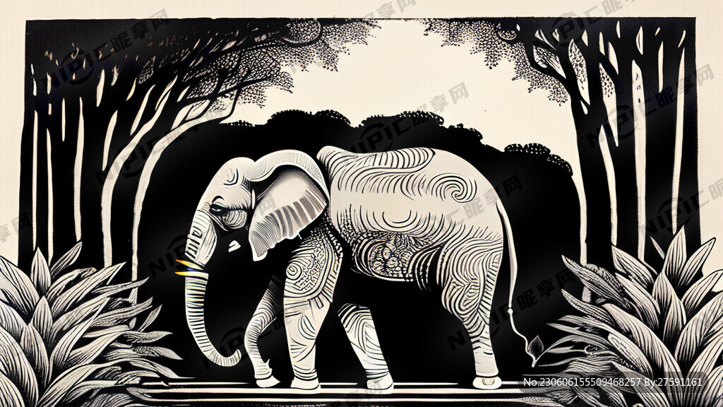 黑白版画大象全部展示。黑白版画