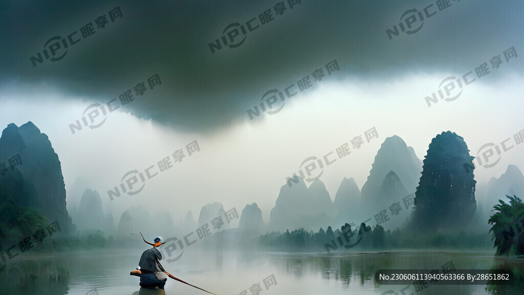 桂林山水 有渔夫打鱼 云雾缭绕